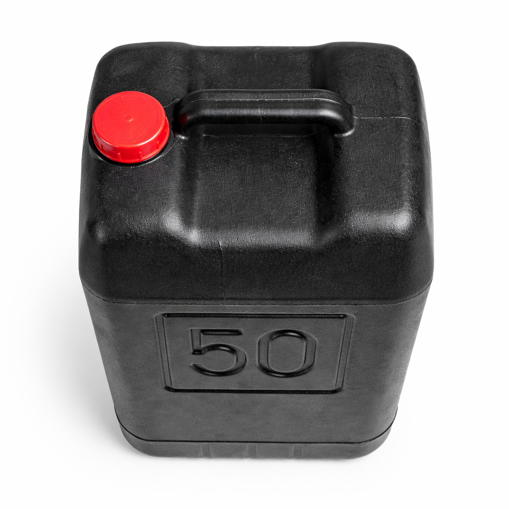 50 Liter Black Plastic Jerry Can with Red Screw On Cap